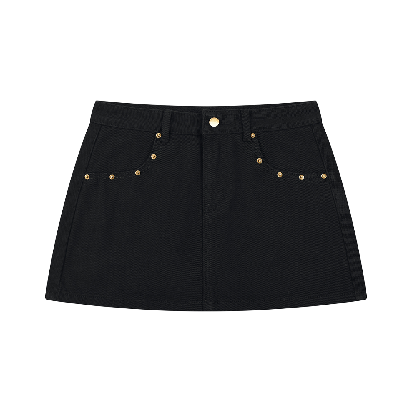 A black denim mini skirt with gold-tone metal studs and a button closure, displayed flat against a solid white background.