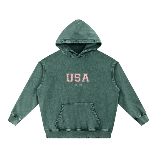 Snow Wash Hand-Frayed Heavyweight  Hoodie - Urbanistar