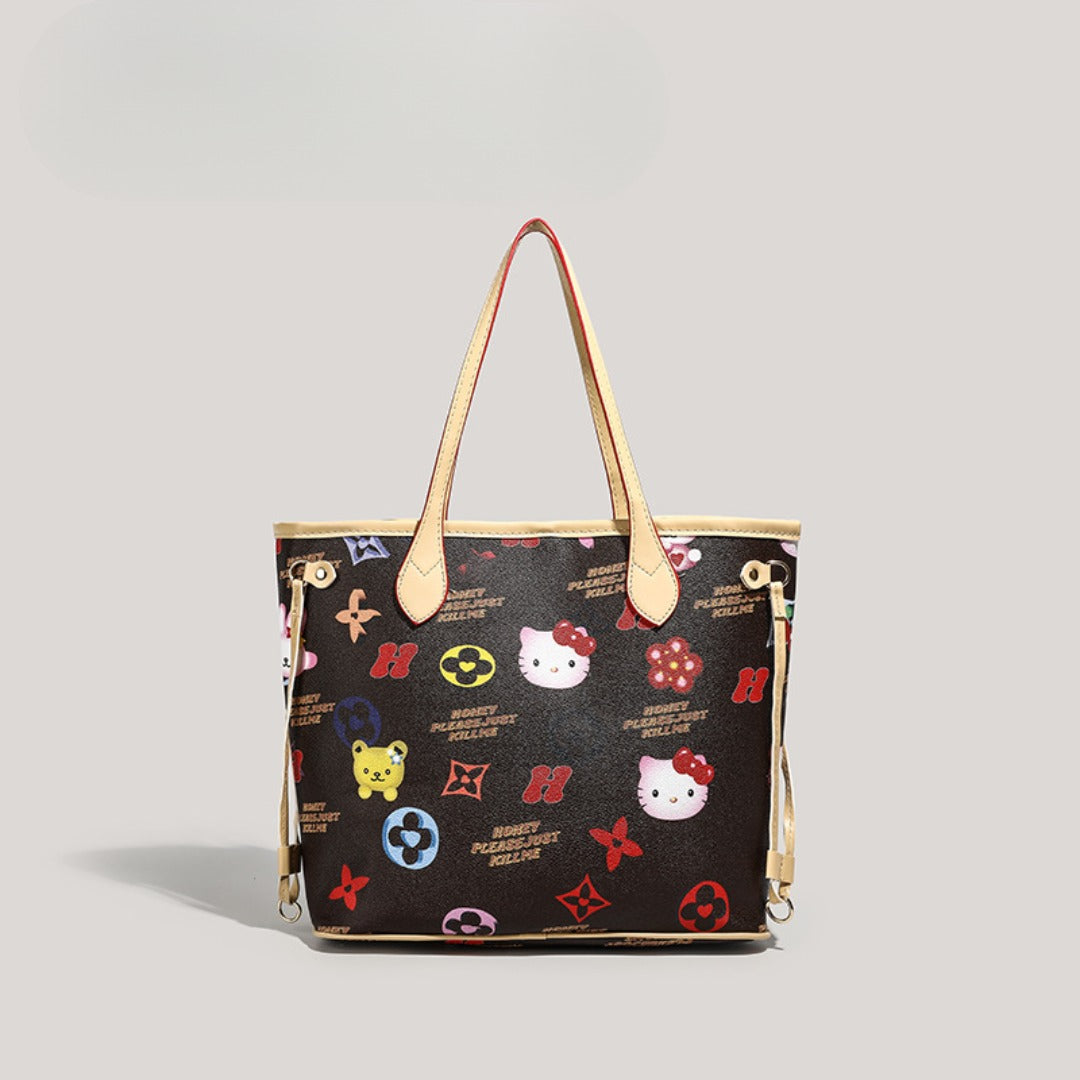 Designer handbag with colorful pattern on a gray background