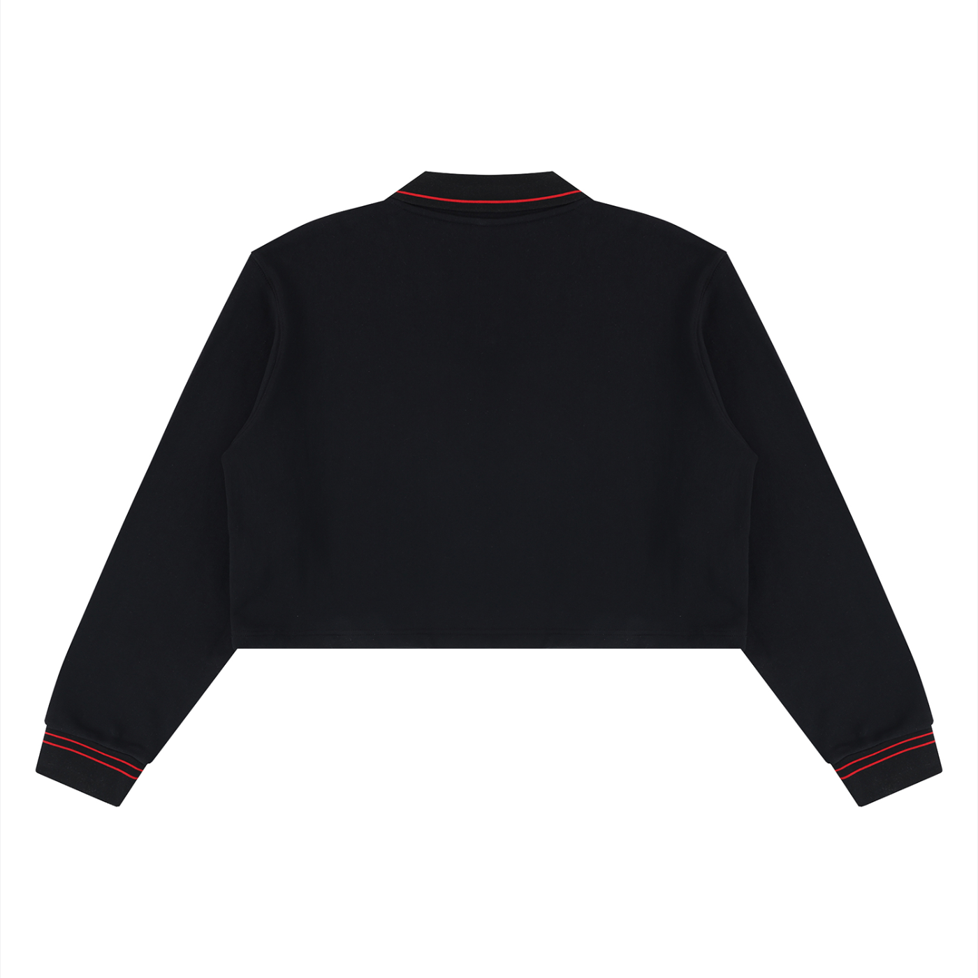 A black cropped long-sleeve sweatshirt shown from the back, featuring red contrast stitching details along the collar and cuffs, set against a plain white background.