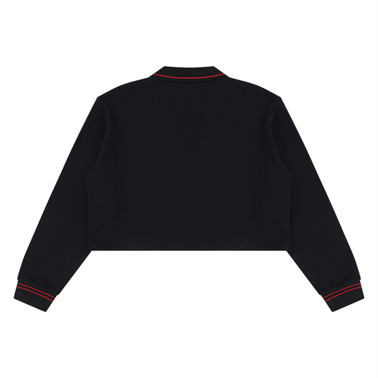 A black cropped long-sleeve sweatshirt shown from the back, featuring red contrast stitching details along the collar and cuffs, set against a plain white background.
