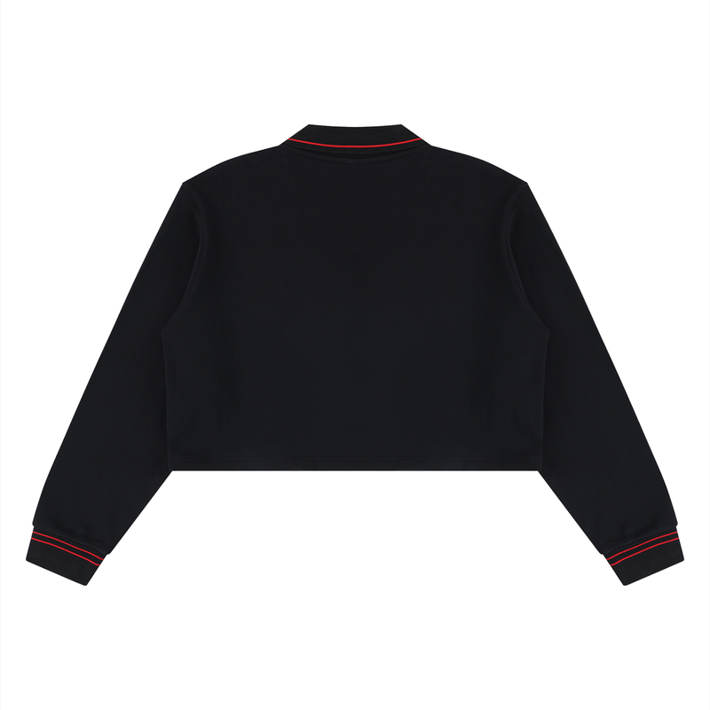 A black cropped long-sleeve sweatshirt shown from the back, featuring red contrast stitching details along the collar and cuffs, set against a plain white background.