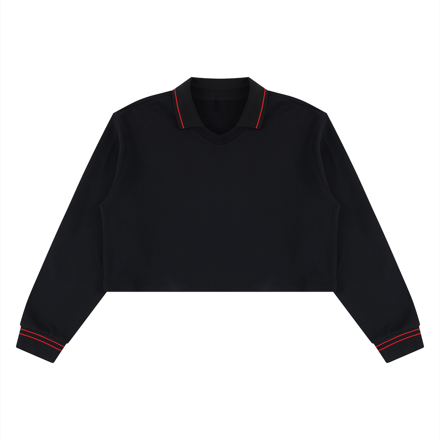A black long-sleeve polo shirt with red contrast stitching on the collar and cuffs, displayed flat against a solid white background.