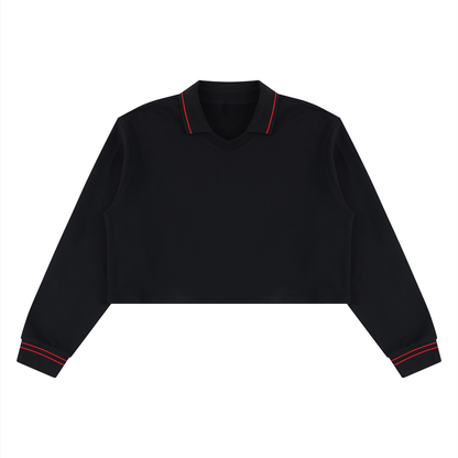 A black long-sleeve polo shirt with red contrast stitching on the collar and cuffs, displayed flat against a solid white background.
