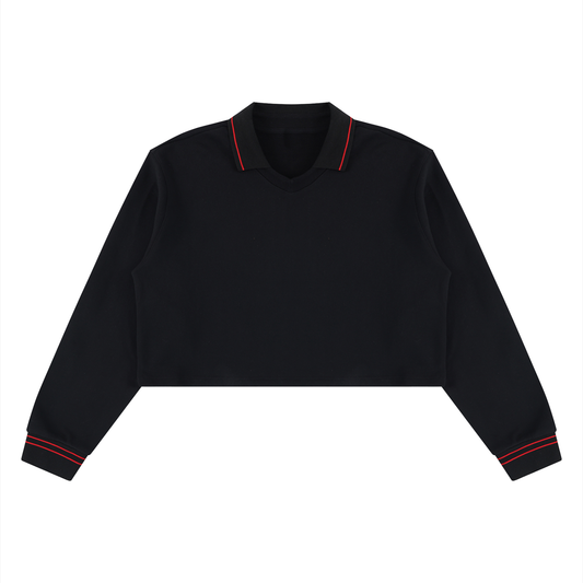 A black long-sleeve polo shirt with red contrast stitching on the collar and cuffs, displayed flat against a solid white background.