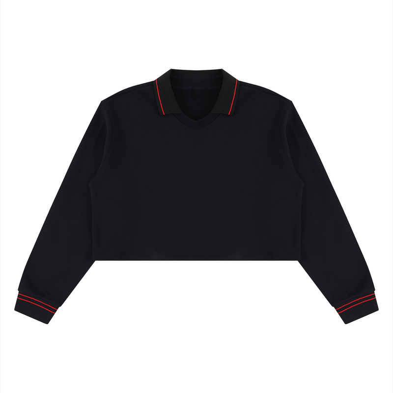 A black long-sleeve polo shirt with red contrast stitching on the collar and cuffs, displayed flat against a solid white background.