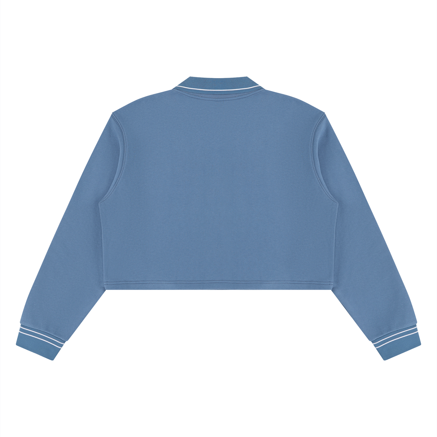 A cropped long-sleeve sweatshirt in dusty blue, shown from the back with white contrast stitching on the collar and cuffs, set against a plain white background.