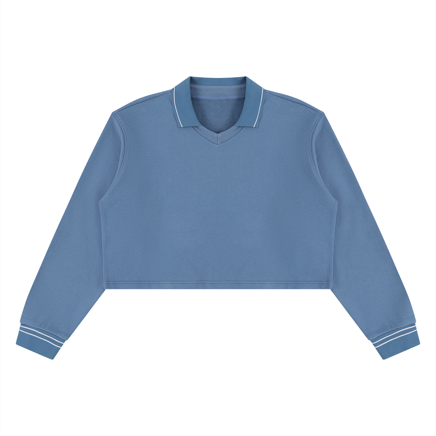 A dusty blue long-sleeve polo shirt with white contrast stitching on the collar and cuffs, displayed flat against a solid white background.