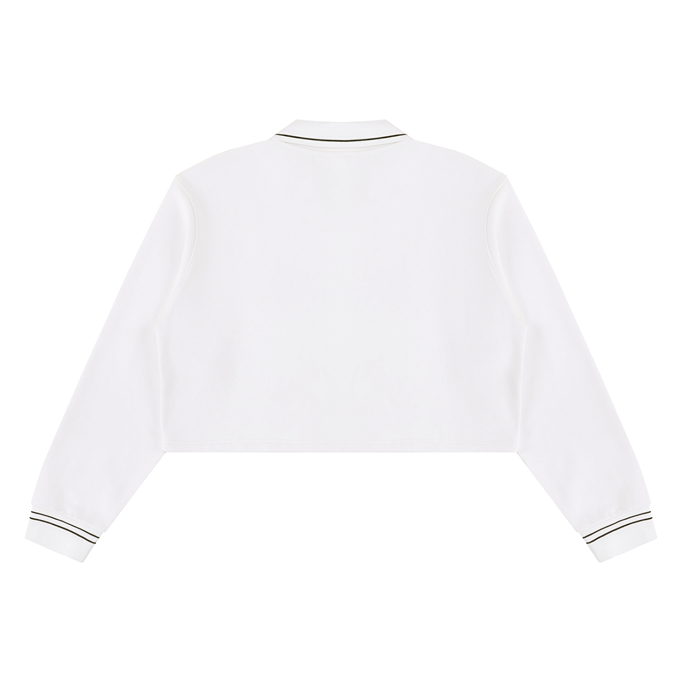 White long-sleeve cropped polo shirt shown from the back, featuring thin dark green stripe accents on the collar and cuffs, set against a plain white background.