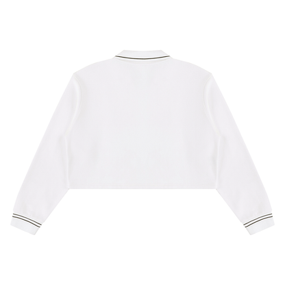 White long-sleeve cropped polo shirt shown from the back, featuring thin dark green stripe accents on the collar and cuffs, set against a plain white background.