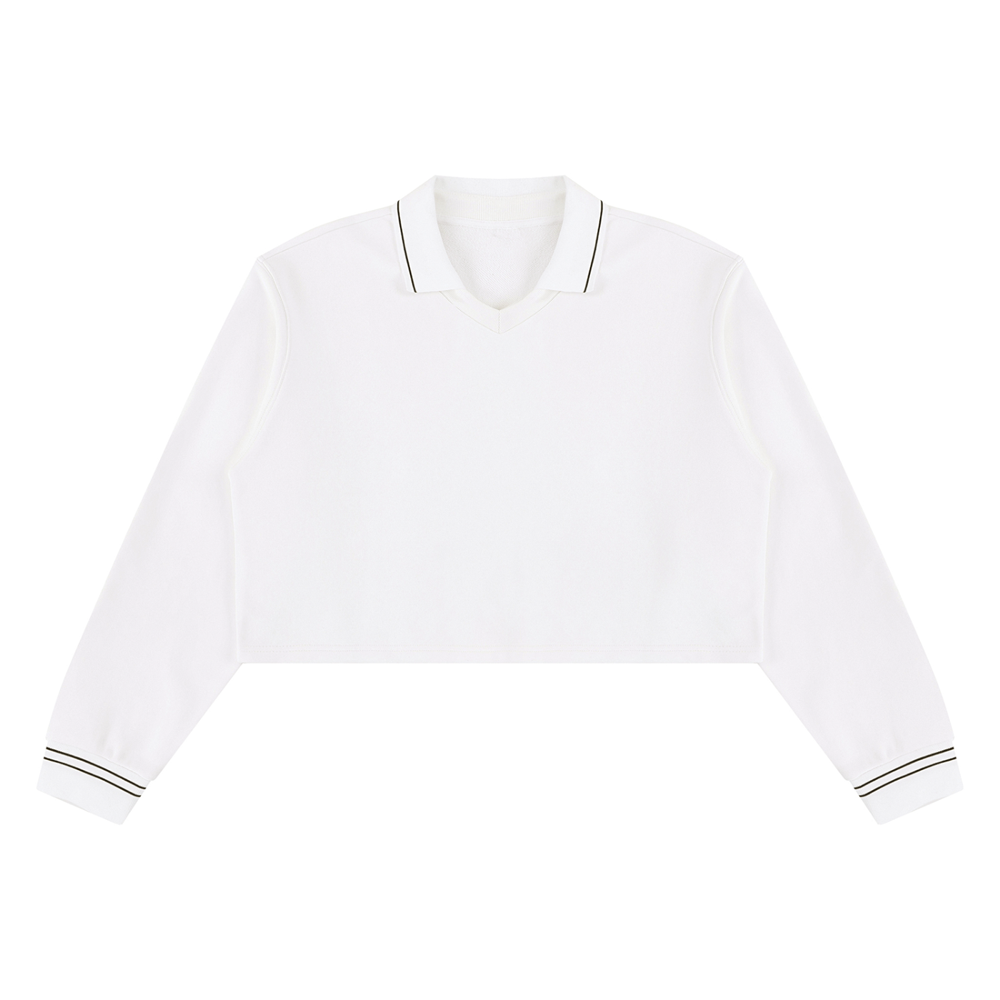 A white long-sleeve polo shirt with thin black stripe trim on the collar and cuffs, displayed flat against a solid white background.