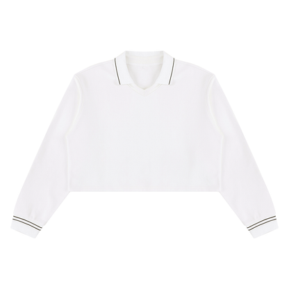A white long-sleeve polo shirt with thin black stripe trim on the collar and cuffs, displayed flat against a solid white background.