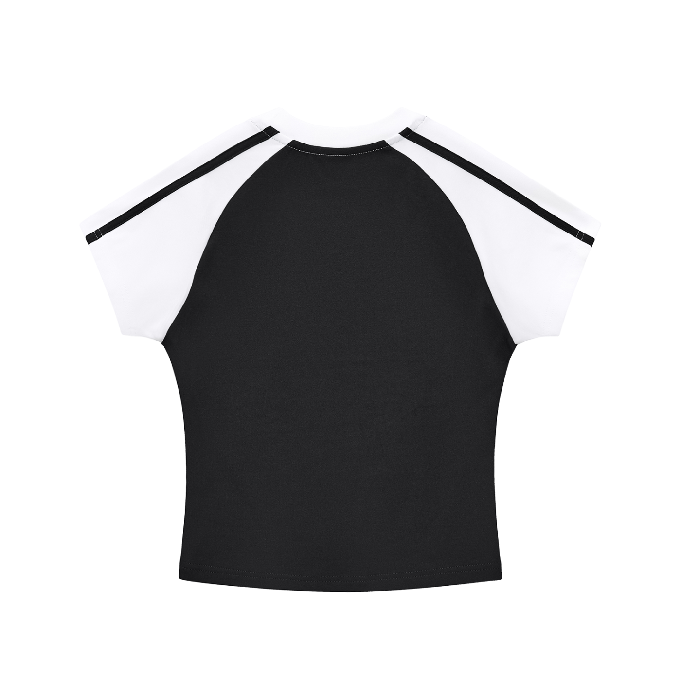 A black and white raglan t-shirt with short sleeves, featuring a solid black body and white sleeves with black stripes along the shoulders, shown against a plain white background.