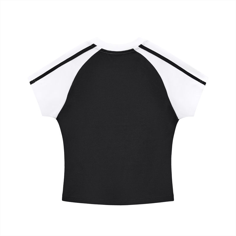 A black and white raglan t-shirt with short sleeves, featuring a solid black body and white sleeves with black stripes along the shoulders, shown against a plain white background.