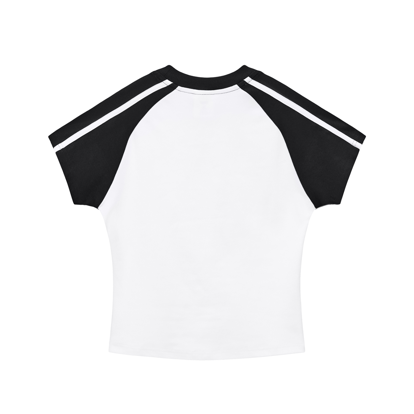 White crop top with black raglan sleeves on a white background