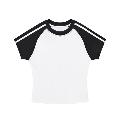 white and black crop raglan t-shirt on a white background