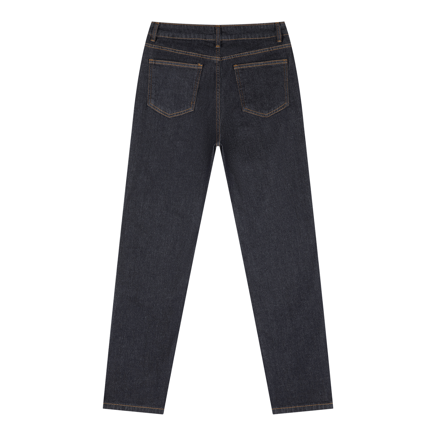 Rear view of dark wash denim jeans with a straight-leg fit against a plain white background.
