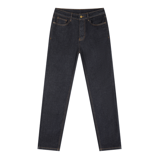 Dark wash jeans on a white background
