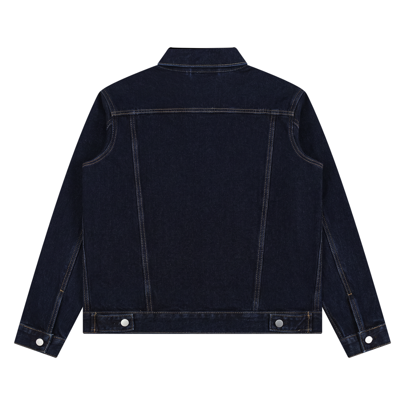 back-view of dark wash denim unisex trucker jacket on white backdrop