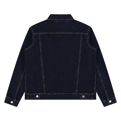 back-view of dark wash denim unisex trucker jacket on white backdrop