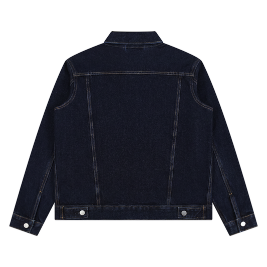 back-view of dark wash denim unisex trucker jacket on white backdrop