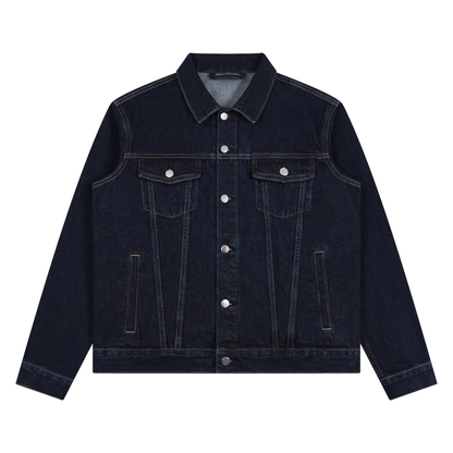 Dark wash denim unisex trucker jacket on a white backdrop