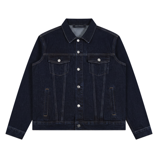 Dark wash denim unisex trucker jacket on a white backdrop