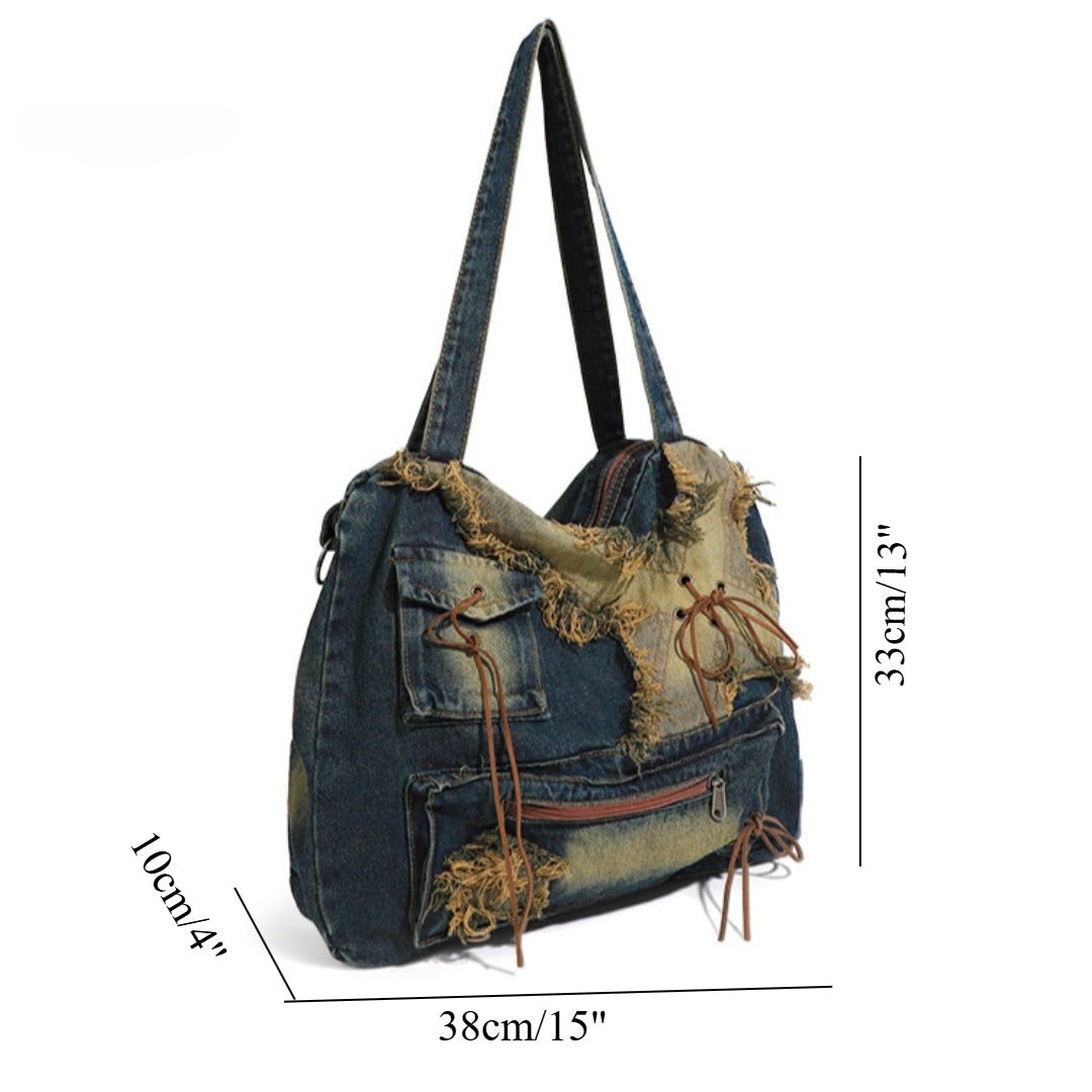 Vintage Washed Denim Hobo Tote Bag | Large Capacity Shoulder Bag - Urbanistar