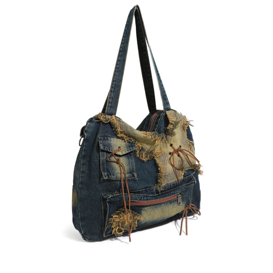 Vintage Washed Denim Hobo Tote Bag | Large Capacity Shoulder Bag - Urbanistar