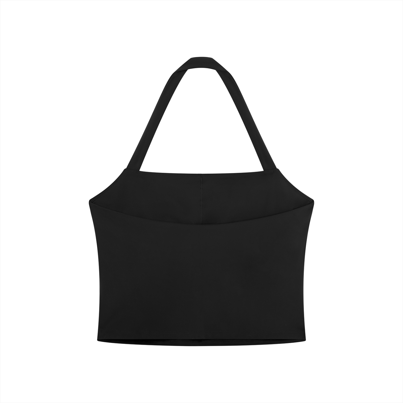 back view of a black halter activewear sports bra for women against a white backdrop
