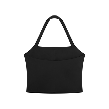back view of a black halter activewear sports bra for women against a white backdrop