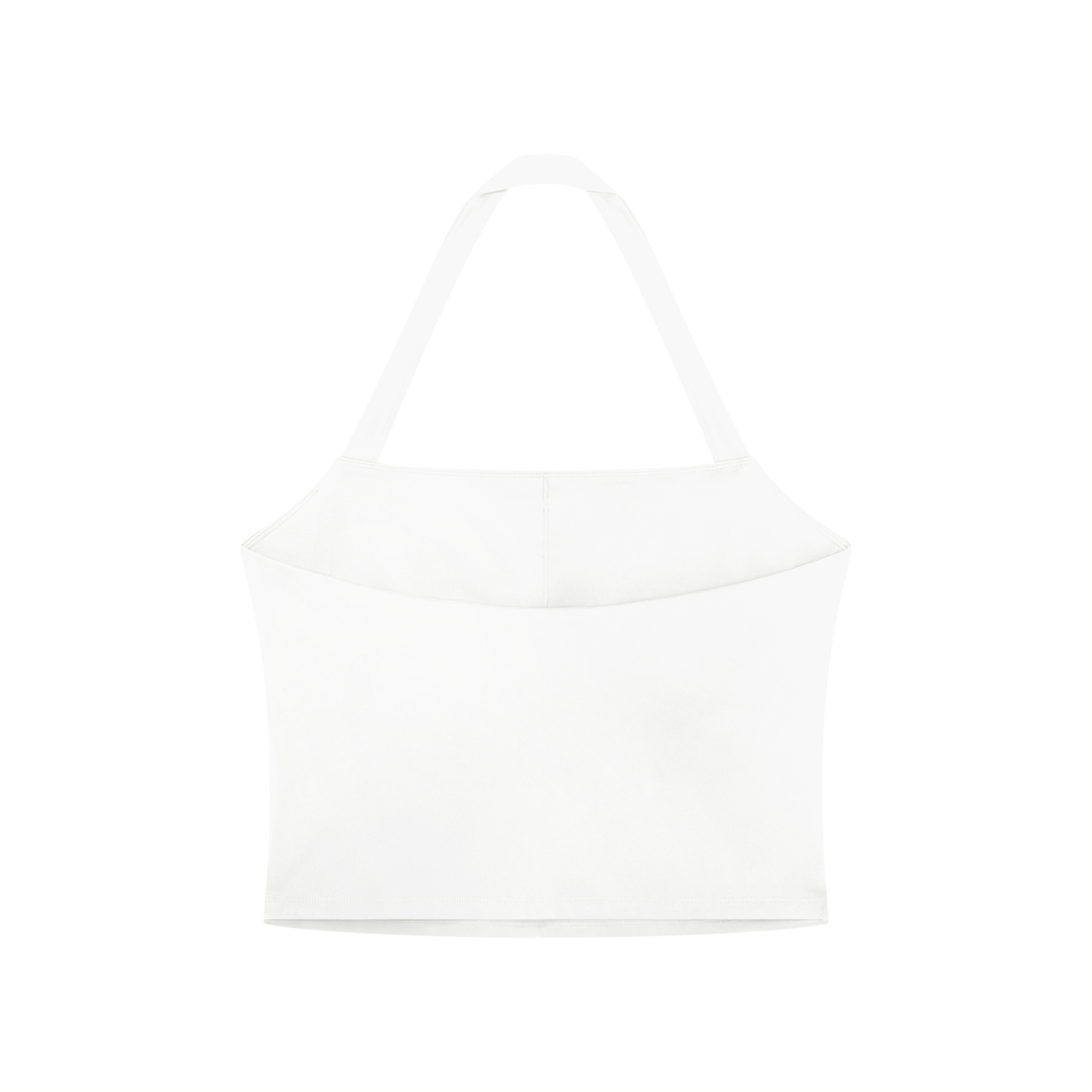 back view of a white halter sports crop bra for women against a white backdrop