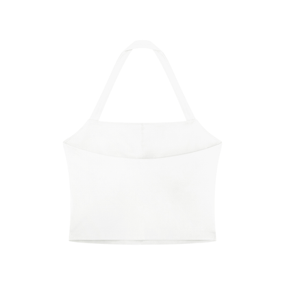 back view of a white halter sports crop bra for women against a white backdrop