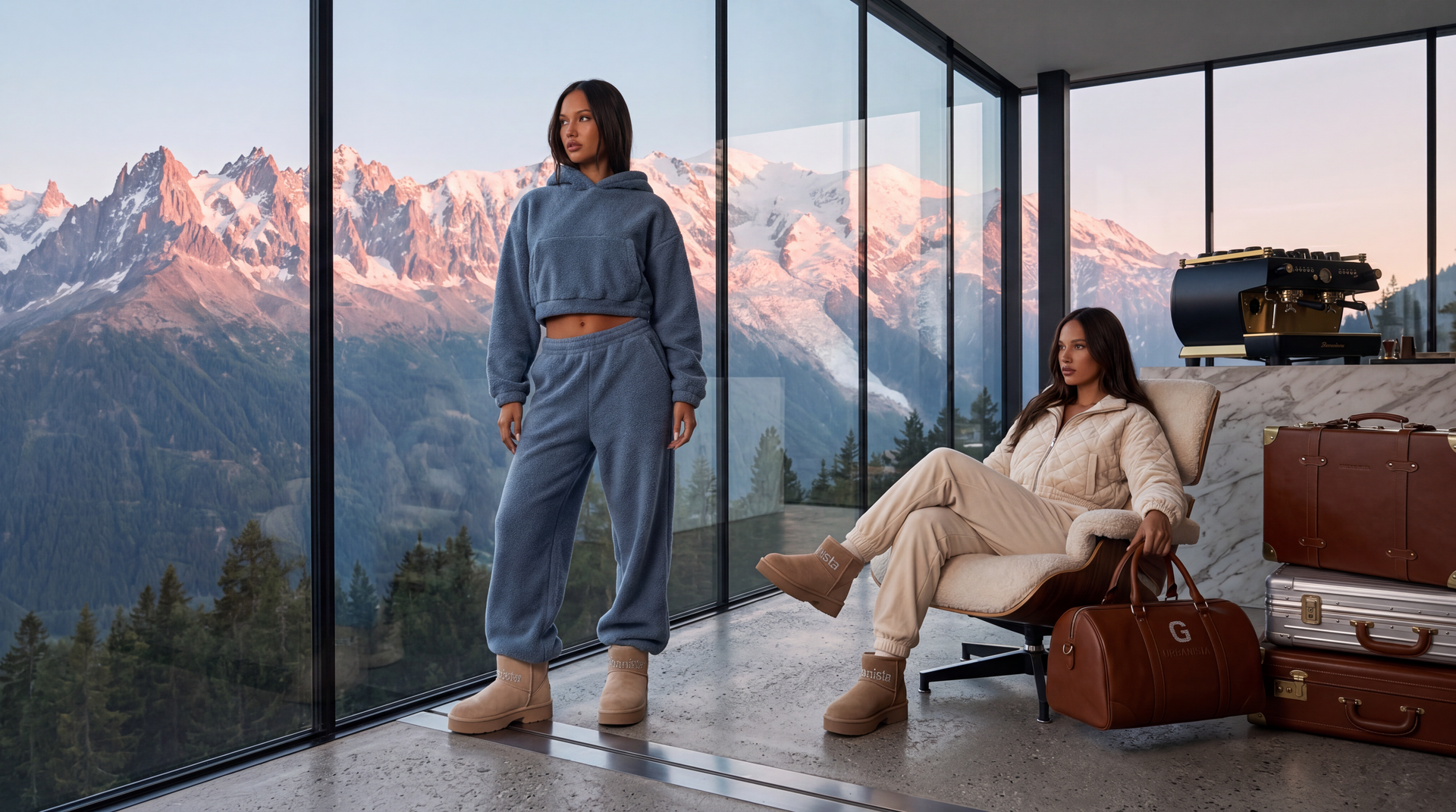Two women in a modern living room with large windows overlooking mountains.