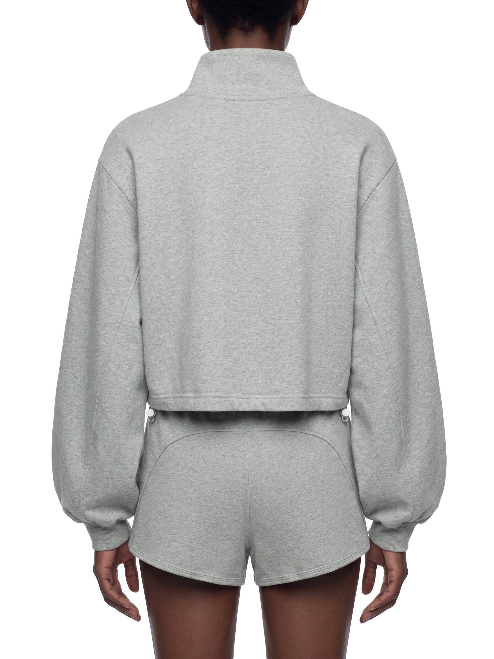 model wearing a gray crop sweatshirt, view is of back side, on a white background