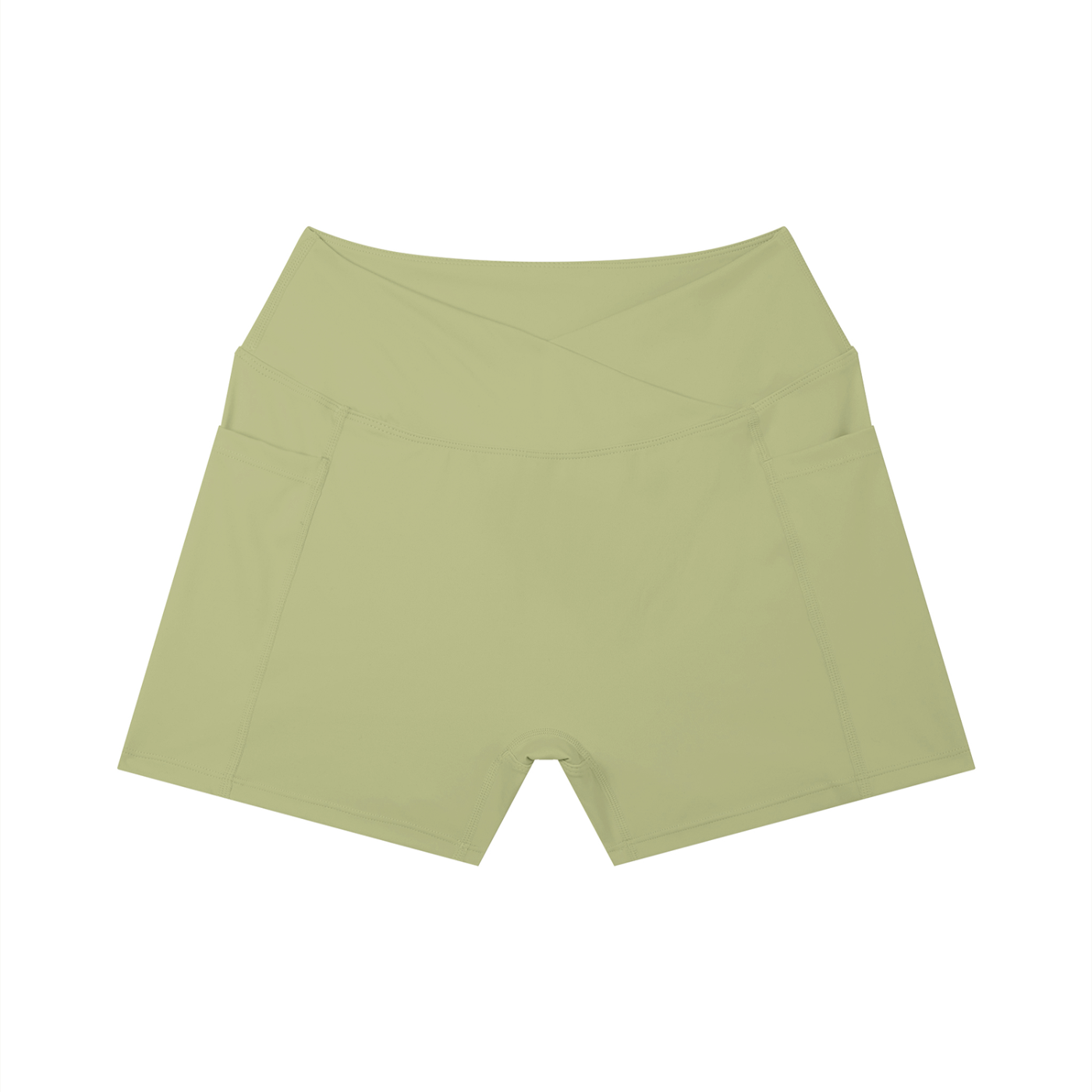 Light olive-green yoga shorts on a white background