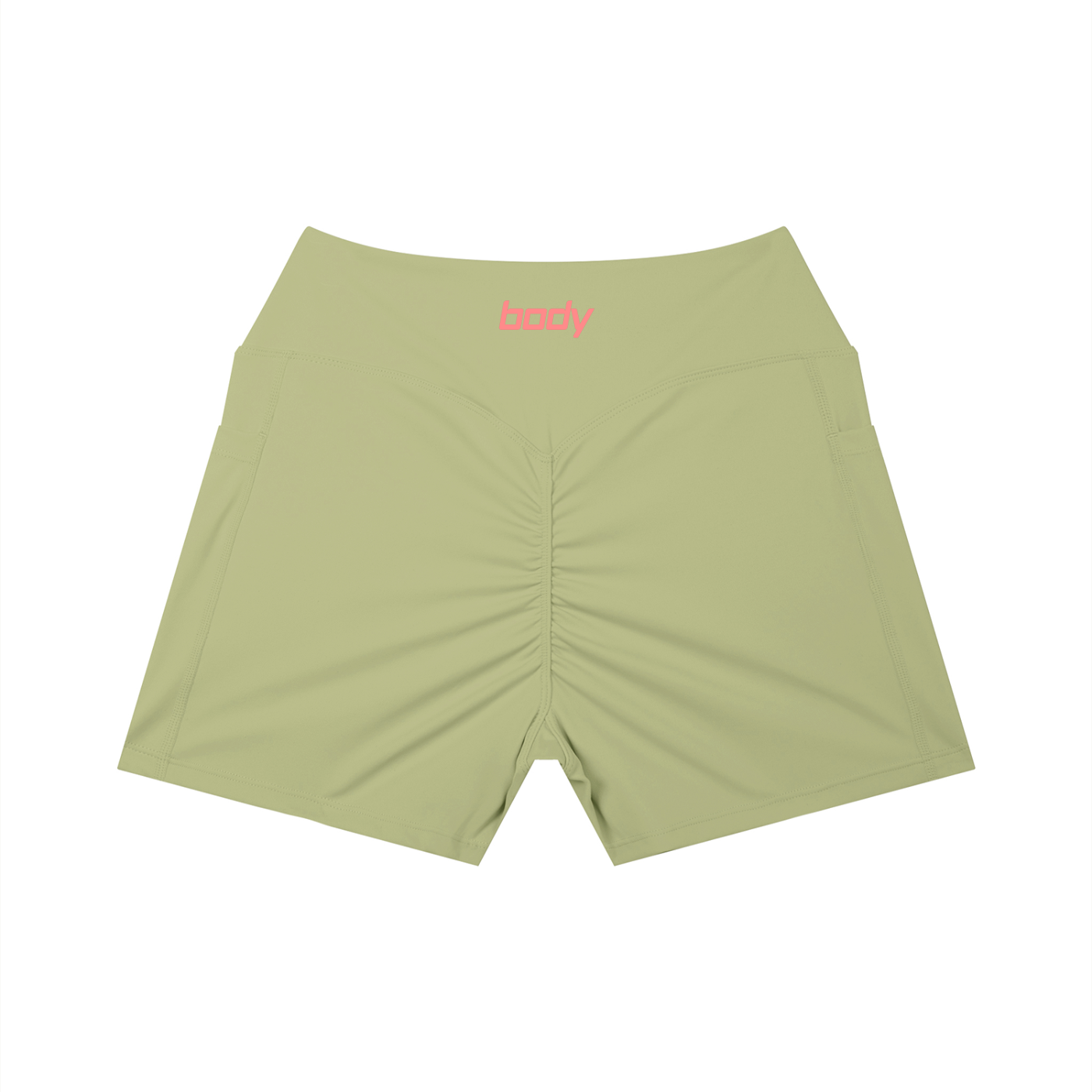 Light olive-green shorts with word 'body' on waist band shown against a white background