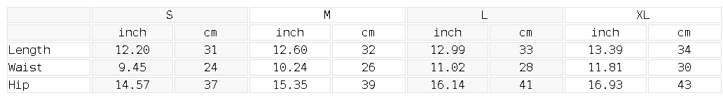 Measurement chart for clothing sizes in inches and centimeters