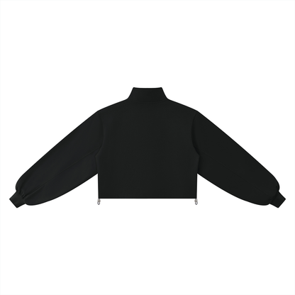 Back view of a black crop sweatshirt on a white background