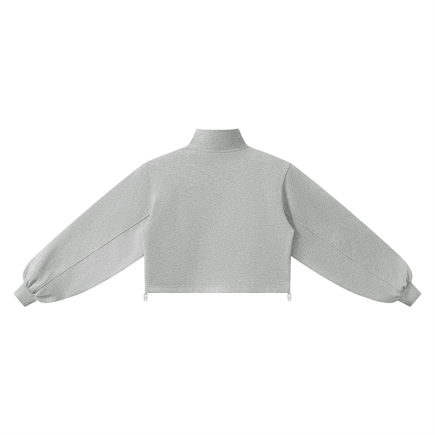 Back view of a light gray long-sleeve mock neck crop top sweatshirt with a quarter zip on a white background
