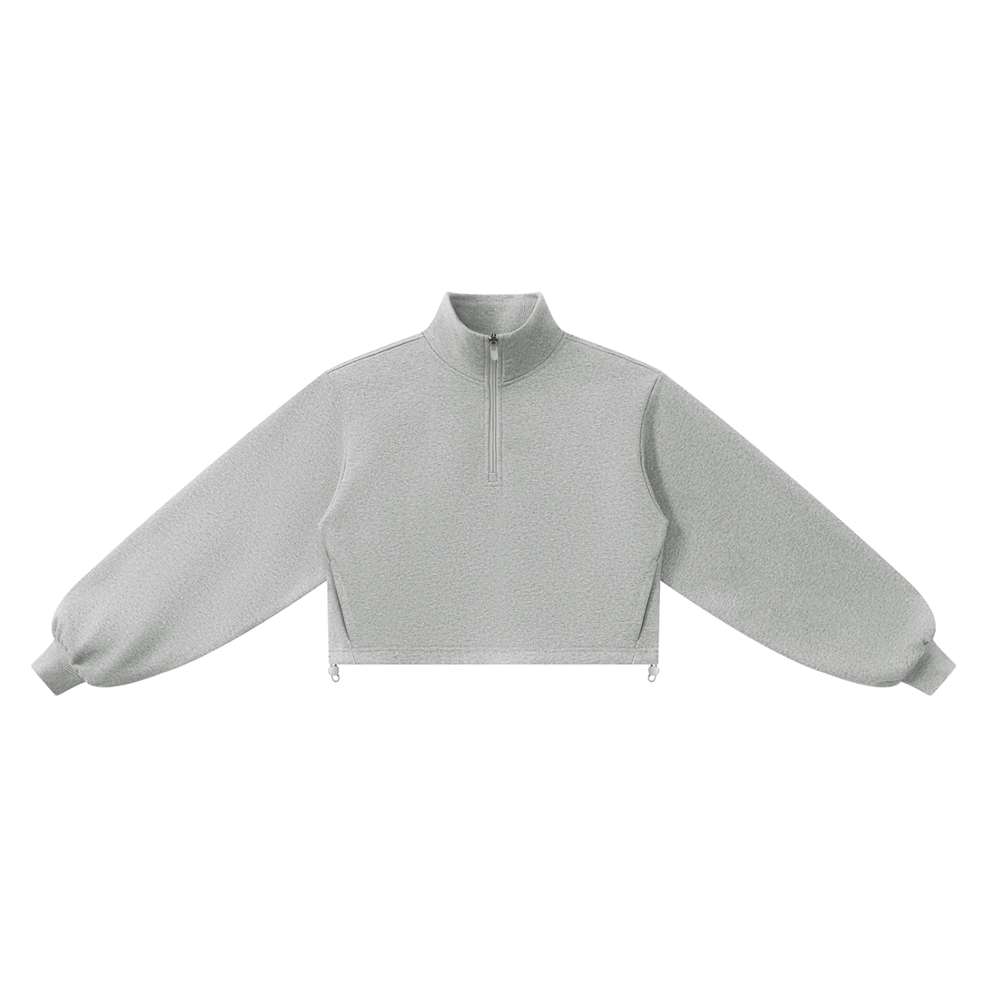 Light gray long-sleeve mock neck crop top sweatshirt with a quarter zip on a white background