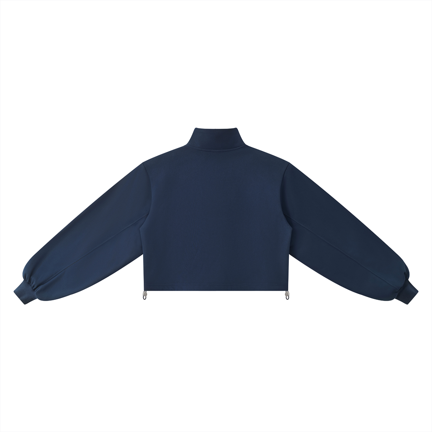 Back view of a navy blue crop sweatshirt on a white background