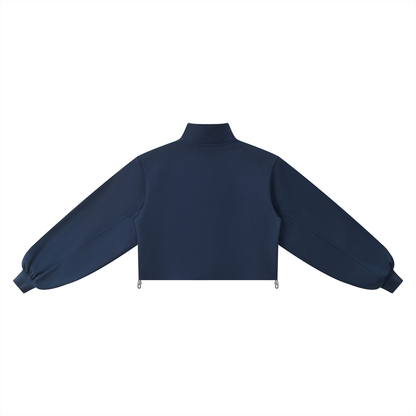 Back view of a navy blue crop sweatshirt on a white background