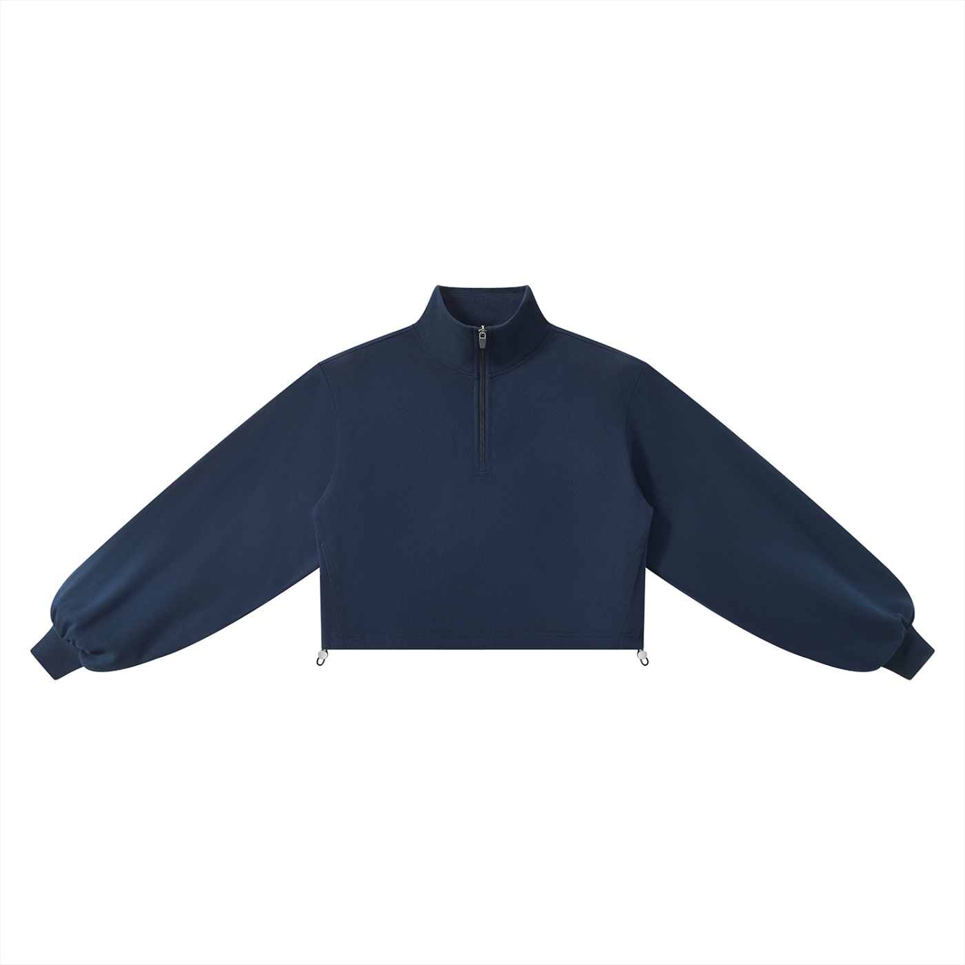 A navy blue cropped quarter-zip sweatshirt shown flat against a solid white background.