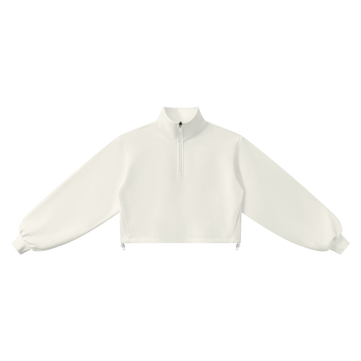 White quarter-zip sweatshirt on a white background