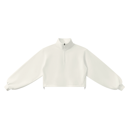 White quarter-zip sweatshirt on a white background