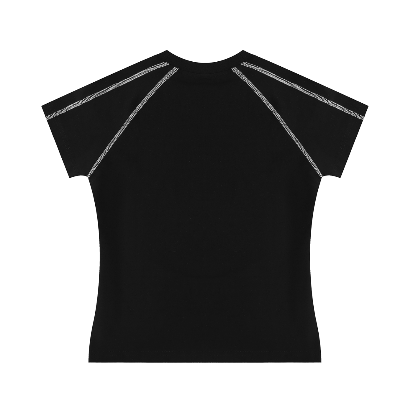 Black t-shirt with white accents and raglan sleeves in a flat-lay on a white background