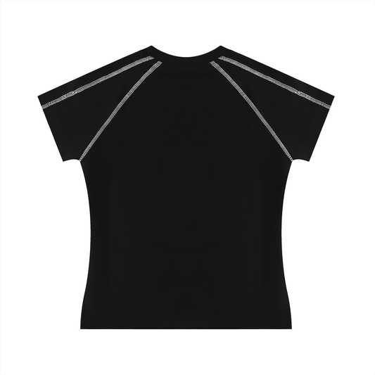 Black t-shirt with white accents and raglan sleeves in a flat-lay on a white background