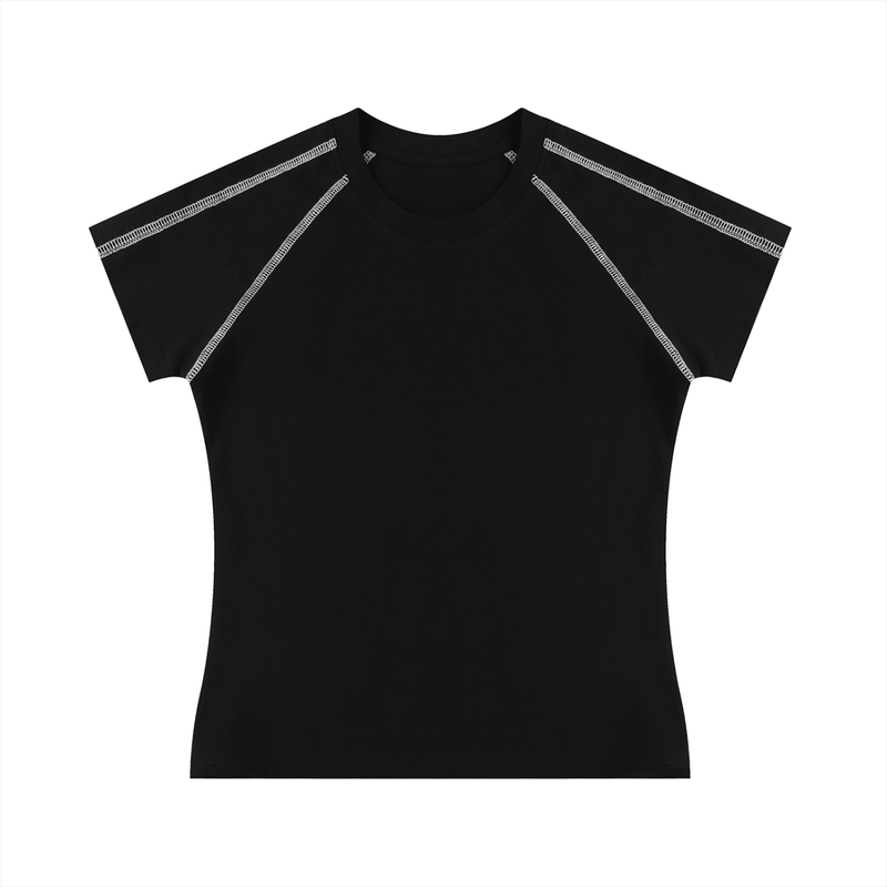Black short-sleeve shirt with reflective stripes on a white background
