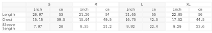 Measurement chart for clothing sizes in inches and centimeters